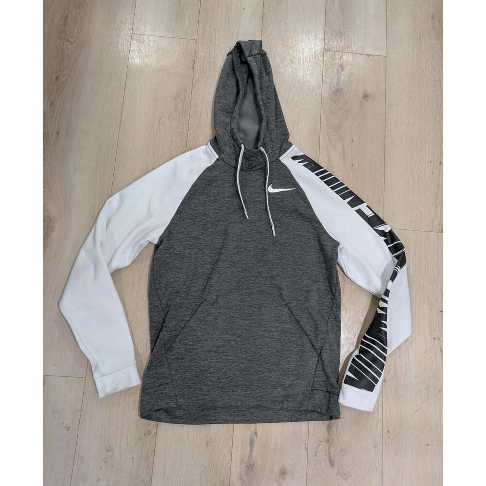 Mens Nike Dri-Fit Gray White Spell Out Long Sleeve Pullover Hoodie Size Small S
